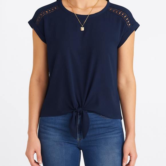 FORTUNE + IVY Tops - NWT Women's FORTUNE + IVY Navy Blouse with Crochet Detail and Tie Front, Size M